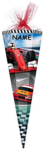 alles-meine.de GmbH Schultüte - Racing/Rennauto - 50 cm - rund - incl. Namen - mit Tüllabschluß - Zuckertüte - mit/ohne Kunststoff Spitze - für Jungen - Auto Rennwagen / ..