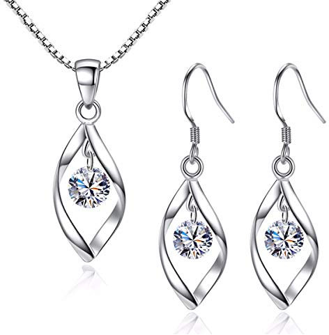 Zolkamery Schmuckset Silber 925 Damen, 925 Sterling Silber Twist Halskette & Ohrhänger Set mit Weiß AAAAA Zirkonia, Haken Damen Schmuck Set Silberkette & Ohrringe Hängend mit Geschenkbox für Mädchen