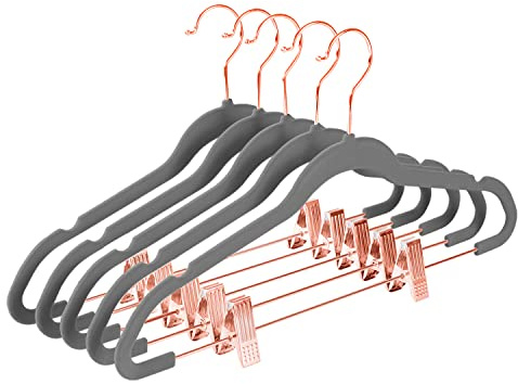 Premium Velvet Pants Hangers with Clips (Pack of 20) Slim Skirt Hangers- Non Slip Felt Outfit Dress Hangers Gray - Copper/Rose Gold Hooks,Space Saving Shirt Clothes Hangers
