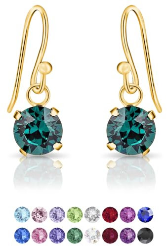 DTPsilver® Pendientes Pequeños de Colores - Pendientes Plata de Ley 925 Chapados Oro con Cristal Swarovski® 6 mm - Pendientes Colgantes Oro - Pendientes Esmeralda
