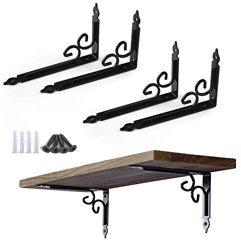 Ouvin 4 Pack Decorative Shelf Brackets Heavy Duty Black 250mm | with Screws, Easy Installation, Right Angle, Weight Bearing 66lbs, for Kitchen Living Study Room Garage, for DIY Project