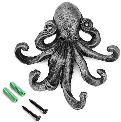 Sumnacon Dekorativer Kleiderhaken aus Gusseisen, 15.2 cm, Motiv: Oktopus, Wandmontage, rustikaler Metall-Kleiderbügel für Schlafzimmer/Badezimmer/Küche/Balkon, silberfarben