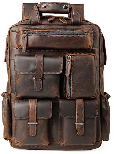 TIDING Lederrucksack Herren 15,6 Zoll Laptop Tasche Große Kapazität Schulbuchtasche Leder Rucksack Schultertasche Tagesrucksack für Männer Business Arbeit Reisen, Braun