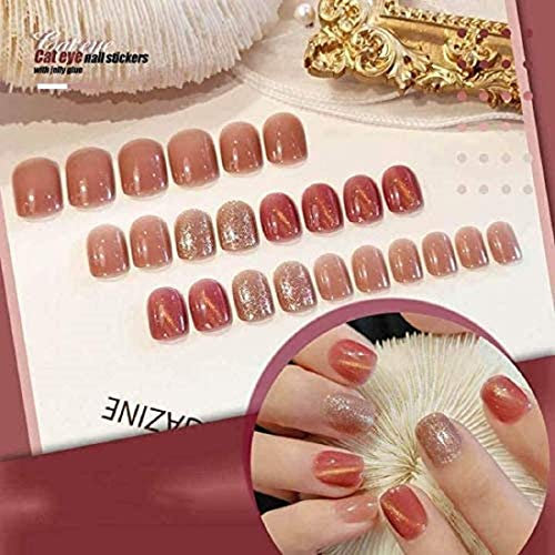 Mysterious Cat Eye Nail Patch with Jelly Gum(24PCS),Artificial Fake Nails Full Cover Fingernails Nail Tips Kit for Women and Girls,Reusable Glue Nail Stickers for DIY Home Salons (B#)