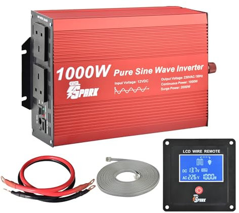 SPARK Pure Sine Wave 1000W Car Power Inverter DC 12V to AC 230V 240V Voltage Converter with LCD REMOTE display