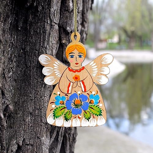 Rustikaler Christbaumschmuck Engel Holzfigur 9.5 х 7.5 х 0.5 cm Beidseitig Handbemalt nach Ukrainischer Tradition der Petrykiwka-Malerei Kunsthandwerk Weihnachtsengel