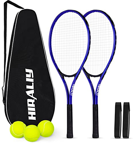 HIRALIY Blue Tennis Rackets Set of 2 for Teenagers & Beginners - 27 Inch Student Recreational Tennis Racquet - Durable Reinforced Practice Gear for High School & Backyard