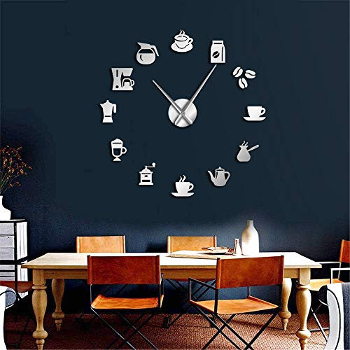 SZG Tasse à café Art Mural café Bricolage Miroir Mural géant café Maison Bricolage Autocollants décoratifs Grandes Mains sans Cadre Grande Horloge (Argent, 27)