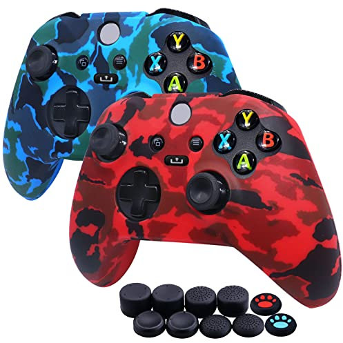 Jusy Xbox Series X/S Controller - Funda de Silicona Suave y Antideslizante para el Sudor, Juego de Accesorios de protección, con 10 empuñaduras para el Pulgar (Rojo+Azul)