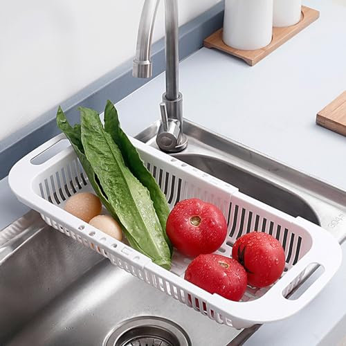 MineSign Extendable Over the Sink Colander Fruits and Vegetables Drain Basket Adjustable Strainer Sink Washing Basket for Kitchen (White)