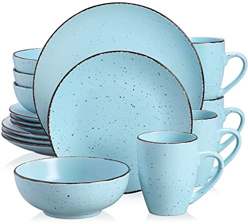 Tafelservice Steingut, vancasso MODA Geschirrset, Vintage Aussehen, 16-teiliges Kombiservice mit je 4 Speisetellern, Kuchentellern, Schalen und Tassen Blau