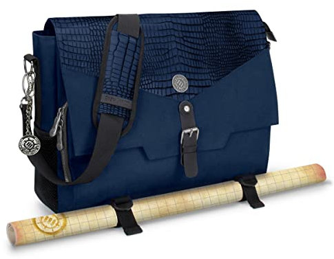ENHANCE Player's Essentials DnD-Tasche, Sammleredition - Umhängetasche aus Drachenhaut für 2–4 Bücher, Ordner, Würfel und Zubehör, mit 17-Zoll-Laptop-Steckplatz, Battlemap-Riemen (Drachen Blau)
