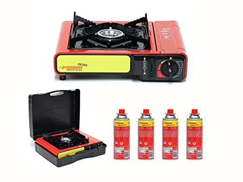ROTHENBERGER Industrial Campingkocher | Kartuschenkocher | Gaskocher inkl. Piezozündung | im Koffer mit 4x RoButan Gaskartsuche
