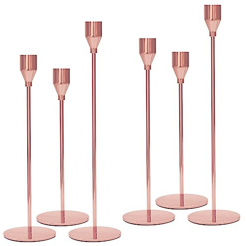 Set of 6 Rose Gold Candlestick Holder, Vintage Metal Tall Candle Stand in 3 Size Combination, 3/4 Inch Thick Candle, Dinner Candle Stands for Valentine Christmas Wedding Anniversary Living Party