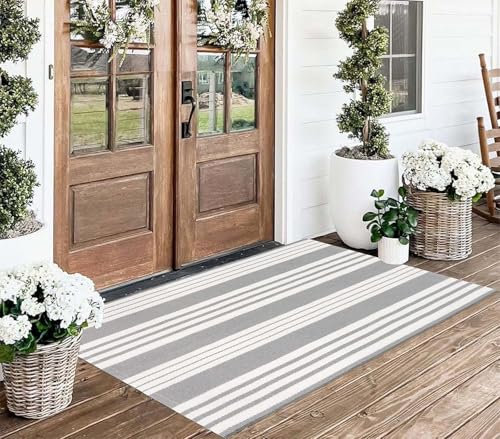 Veranda-Teppich, 60x10 cm, Grau und Weiß gestreift, Outdoor-Teppich, waschbar, Haustürmatte, für drinnen und draußen, geschichtete Fußmatten für Waschküche/Badezimmer/Schlafzimmer/Wohnzimmer