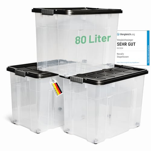 Novaliv 3x Aufbewahrungsboxen mit Deckel Groß 80L Anthrazit nestbar stapelbar mit Clipverschluss Rollboxen Kunststoff BPA-frei 61x40x45 cm
