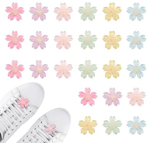 AHANDMAKER 24 Pcs Resin Flower Shoelace Charms, 6 Colors Detachable Cherry Blossom Shoelace Buckles, Shoe Decorations Charms Sneakers Shoe Lace Tag Charms for Sneaker Casual Sports Shoe Accessory,