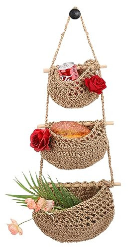Hanging Fruit Basket, 3 Tier Boho Vegetable Fruit Baskets Jute Hand Woven Hanging Basket Storage Hanging Baskets for Organizing for Kitchen Decor, Living Room, Bathroom, Bedroom