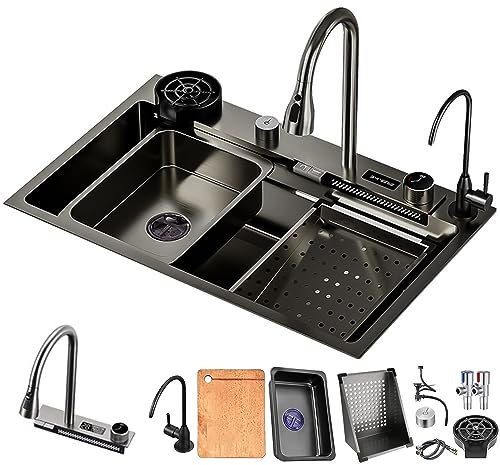 Küchenspüle, Einzelspüle mit Digitalanzeige und ausziehbarem Wasserhahn, Nano-Wasserfallspüle aus Edelstahl, Druckbecherspüler und anderes Zubehör für die Arbeitsstationsspüle ( Color : Black-Grey , S