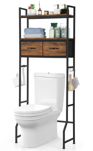 YBING Over The Toilet Bathroom Storage Cabinet for Freestanding, Above Toilet Shelf with Fabric Drawer, Tall Bathroom Shelf Organizer with Toilet Paper Holder, Brown