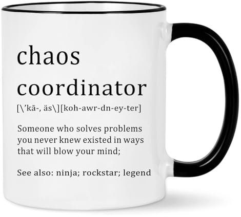 Taza de coordinador del caos, regalo de oficina para jefes, compañeros de trabajo, mujeres, amigas, divertida taza de café para Navidad, elefante blanco, mango negro de 11 onzas