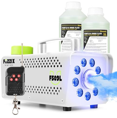 Fuzzix F509LW Nebelmaschine Mini mit LED Lichteffekt und 2 Liter Nebelfluid, 500 Watt mit Fernbedienung, Rauchmaschine Party, Smoke Machine mit 9 LEDs RGB, Hochzeiten, Nebelmaschine Halloween Party