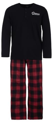 Henry Terre Herren Pyjama Langarm Modell 2er Set Schlafanzug kariert Größe M-3XL, Farbe:Rot, Größe:3XL