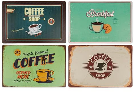 TIENDA EURASIA - Manteles Individuales | Pack 4 Salvamanteles Individuales de Plástico | Lavables | Diseño Original Retro Vintage | 4 Diseños Surtidos | (145235 - Coffe 44 x 29 cm)