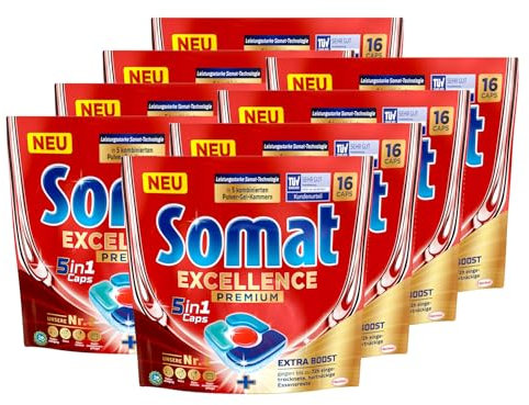 SOMAT Excellence Premium 5in1 Caps 128 Stück (8 x 16), schnellauflösende Spülmaschinentabs mit Extra Boost auch im Niedrigtemperatur-, Kurz- & Eco-Programm, entfernen selbst eingetrocknete Essensreste