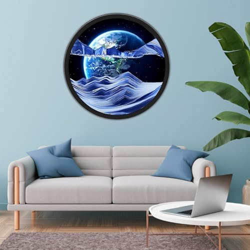 Cadre Sable Mouvant, Sablier de Relaxation 3D Verre Rond, Image d'art de Sable en Mouvement, Peinture de Sable Qui Coule Paysage de Sable de La Mer Profonde pour la Maison, le Bureau, le Café
