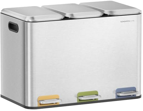 SONGMICS HOME Papelera de Cocina Triple, Cubo de Basura de 3 x 15 L con Pedales Codificados por Colores, Sistema de Separación de Residuos, con Tapas y Cubos Interiores, Acero, Plata Metálico