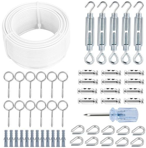 hannger Tendeurs de câbles, 3MM X 30M PVC blanc, Kit de câble en acier multi-usage pour vigne/corde à linge, extérieur pour poteau en T/corde à linge, suspension légère/câble de jardinage