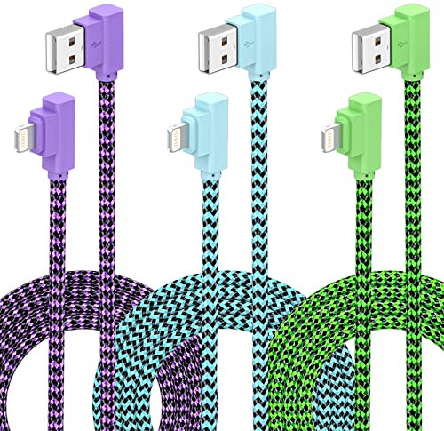 Apple MFi Certified 90 Degree Lightning Cable, Fast Charging Long Cord Compatible With iPhone 14/13/12/11 Pro Max/XR/XS/8/7/6S/SE/iPad - 3 Pack Extra Long 10 Foot