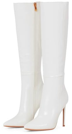 Zhabtuc Stivaletti Alti al Ginocchio da Donna 10 cm Tacco a Spillo Stivali a Punta Larghi al Polpaccio Comodi Stivaletti da Combattimento in Ecopelle, pelle verniciata bianca, 39 EU