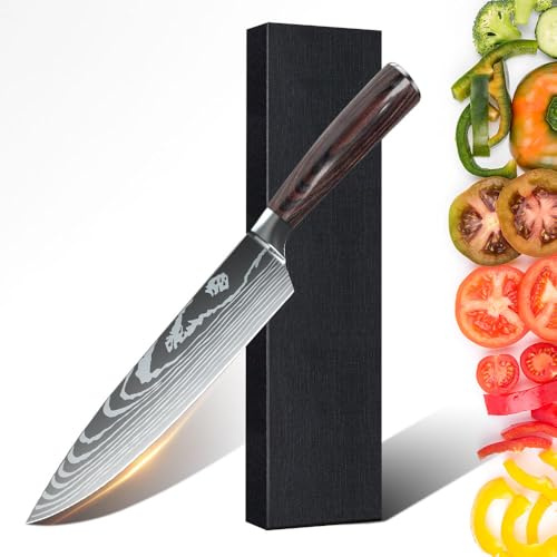 MDHAND Küchenmesser， 20cm Kochmesser Universalmesser Küchenmesser Scharfe Damastmesser aus Deutschem Edelstahl, Ergonomischer Pakkawood Griff