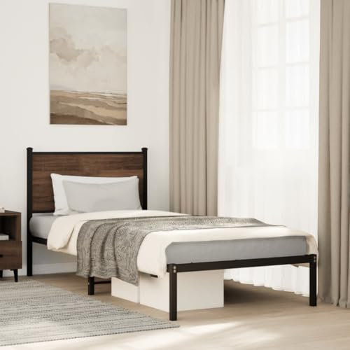 vidaXL Bettgestell, Metallbett Bett mit Kopfteil, Bettrahmen mit Lattenrost, Einzelbett für Schlafzimmer, Metall Braun Eichen-Optik 75x190cm