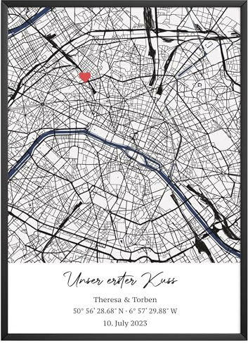MJ-GRAPHICS® Personalisiertes Stadtkarte Poster Hochzeit Bild Personalisiertes Koordinaten Poster Landkarte Einzugsgeschenk Geschenk Freundin Partner Geschenk Freund Jahrestag Karte