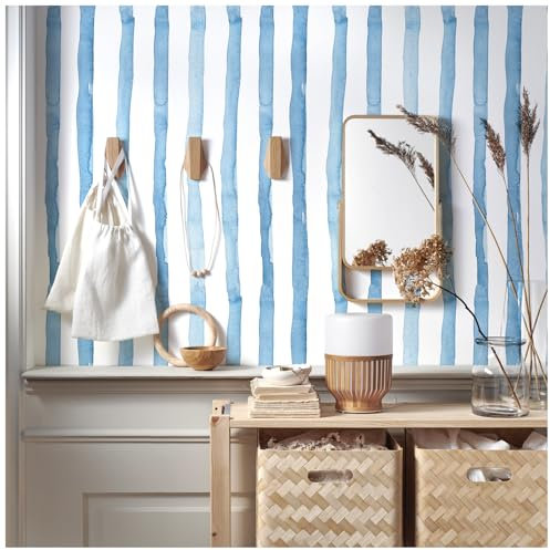 FENTIS Azul Efecto Rayas Anchas Papel Pintado Autoadhesivo Blanco Pelar y Pegar Papel de Contacto Plástico Autoadhesivo Vinilo Adhesivo Mural Rollos para Cocina Armario Encimera Lavable 44.5x500cm
