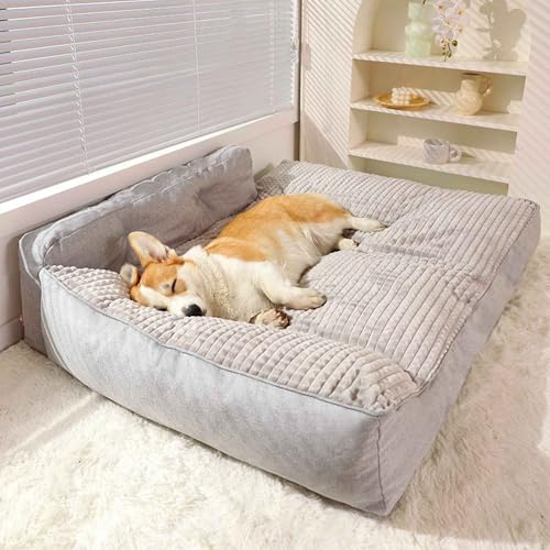 PJDDP Hundebett Grosse Hunde Waschbar, Plüsch Hundekissen Flauschig, Hundecouch Mit Hohem Rand Und Rutschfestem Boden Für Große Hunde,Grau,M