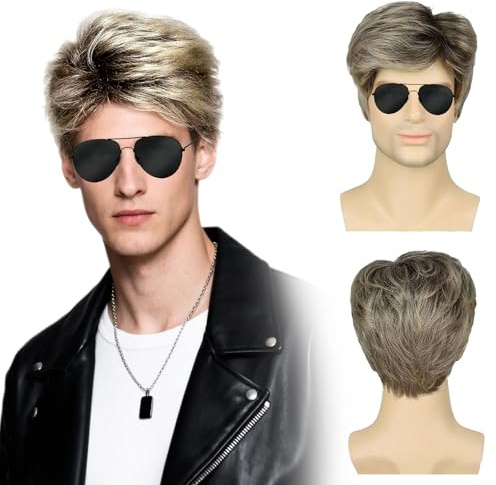 TUONYIS Kurze Blonde Perücke Männer, Männer 80er Street Perücke Blonde Afro Perücken 70er 80er Fancy Kleid Herren, Halloween Karneval Mottoparty (Blond)