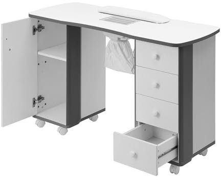 Vielllliving Tragbarer Nageltisch mit 4 Schubladen und einem Schrank 120x47,5x76,5 cm Nailart-Tisch Mittelgroßer Staubsauger aus Faserplatten Nailart-Tisch mit Saugnäpfen mit Rollen Mobiler