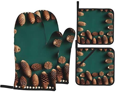 Handschuhe Und Topflappen-Set, Tannenzapfen-Umrandung Topflappen Verdickte Hot Pads Kits rutschfest Handschuh Für Grillen Küche Zubehör Dekoration