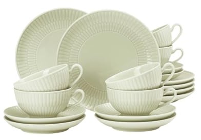 Seltmann Weiden Amina Seladon Teeservice 18-teilig, Teetassen mit Untertassen (140 ml) und Brotteller (16 cm) für 6 Personen, Teegeschirr mit dezentem Relief-Muster, Porzellan, Grün