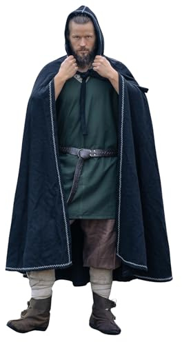 Leonardo Carbone® Unisex Umhang Valdemar | Mit Kapuze | Kreuzstich-Verzierung | Karneval, Halloween, Cosplay, LARP, Mittelalter, Wikinger, Kostüm, Cape, Mantel | Wolle Schwarz Einheitsgröße