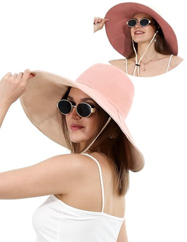 Chapeau de Pêche Réversible Femme en Coton Ultra Large Bord Protection UV 50+ Pliable Bob Plage Été Corde Brise Vent(Rose)