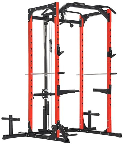 SPORTNOW Power Tower, Stazione Fitness con Stazione Cavi, Supporto per Bilanciere, Dischi e Barra per Trazioni e Dip, Palestra Multifunzione in Acciaio, per Home Gym Casa, 191x153x205 cm, Rosso e Nero