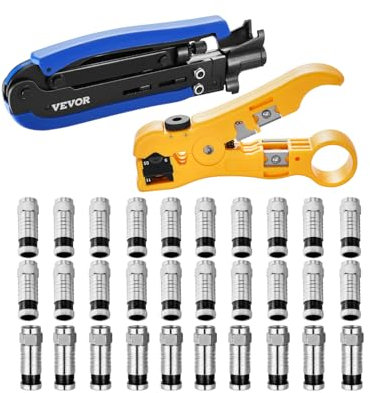 VEVOR Coax Cable Crimper Kit, Coaxial Cable Compression Kit with a Crimping Tool, a Wire Stripper, and 30PCS F-Type RG6 Connector, Compatible with RG6, RG59, RG11 Coax Cable, Lightweight & Portable