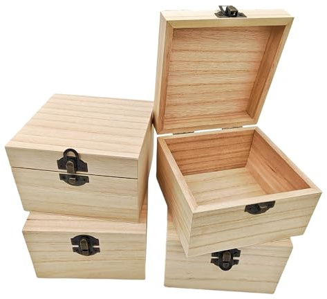Anktily 4er-Pack Unlackierte Holzboxen, Rustikale Kleine Holzbox mit Verschluss DIY Bastel-Aufbewahrungsbox für Heimtisch Dekoration (12 x 12 x 8 cm)