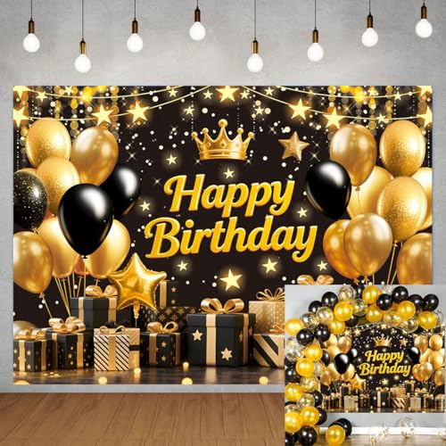 Black Gold Birthday Paty Backdrop for Photography Black Gold Glitter Balloon Photo Background Banner for Women Men Birthday Party Decoration (8x6FT)