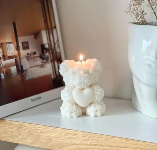 Decorative Heart-Shaped Candle, White Wax, Textured Rose Design, Teddy candle